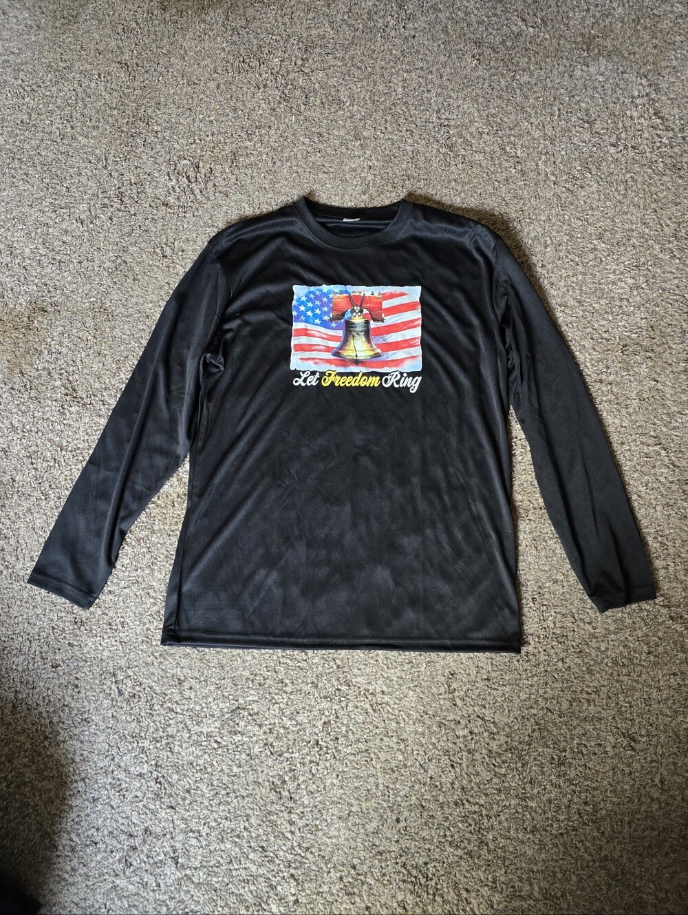 Men's Black Long-Sleeve Graphic Tee with Liberty Bell and Flag